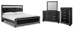Kaydell King Upholstered Panel Platform Bed with Mirrored Dresser and Chest