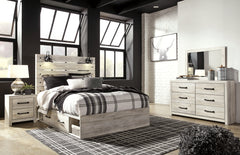 Cambeck Twin Panel Bed with 4 Storage Drawers with Mirrored Dresser and 2 Nightstands