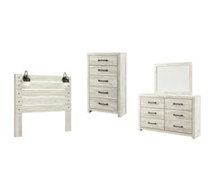 Cambeck Twin Panel Headboard Bed with Mirrored Dresser and Chest