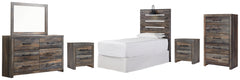 Drystan Twin Panel Headboard Bed with Mirrored Dresser, Chest and 2 Nightstands