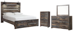 Drystan Queen Panel Bed with 2 Storage Drawers with Mirrored Dresser and Chest - PKG003255