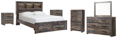 Drystan Queen Bookcase Bed with 2 Storage Drawers with Mirrored Dresser, Chest and 2 Nightstands - PKG003245