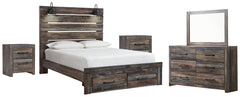 Drystan Queen Panel Bed with 2 Storage Drawers with Mirrored Dresser and 2 Nightstands - PKG003254