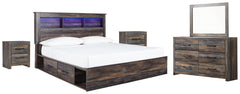 Drystan King Bookcase Bed with 2 Storage Drawers with Mirrored Dresser and 2 Nightstands - PKG003377