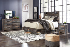 Drystan Queen Panel Bed with 2 Storage Drawers with Mirrored Dresser and Nightstand