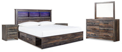 Drystan King Bookcase Bed with 4 Storage Drawers with Mirrored Dresser and 2 Nightstands - PKG003388