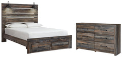 Drystan Queen Panel Bed with 2 Storage Drawers with Mirrored Dresser - PKG003253