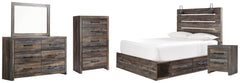 Drystan Queen Panel Bed with 2 Storage Drawers with Mirrored Dresser, Chest and Nightstand - PKG003172