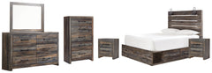 Drystan Queen Panel Bed with 2 Storage Drawers with Mirrored Dresser, Chest and 2 Nightstands - PKG003173