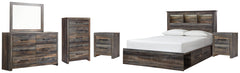 Drystan Queen Bookcase Bed with 2 Storage Drawers with Mirrored Dresser, Chest and 2 Nightstands - PKG003215