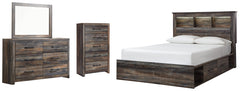 Drystan Queen Bookcase Bed with 2 Storage Drawers with Mirrored Dresser and Chest - PKG003213