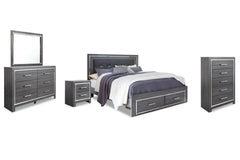 Lodanna King Panel Bed with 2 Storage Drawers with Mirrored Dresser, Chest and Nightstand - PKG003575