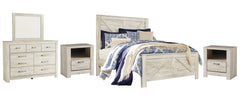 Bellaby King Crossbuck Panel Bed with Mirrored Dresser and 2 Nightstands