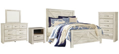 Bellaby King Crossbuck Panel Bed with Mirrored Dresser, Chest and Nightstand