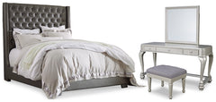 Coralayne Queen Upholstered Bed and Vanity with Mirror and Stool