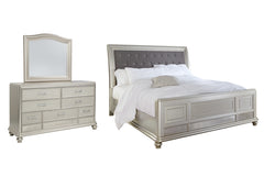Coralayne Queen Upholstered Sleigh Bed with Mirrored Dresser - PKG007816