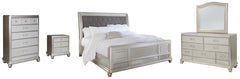 Coralayne King Upholstered Sleigh Bed with Mirrored Dresser, Chest and Nightstand - PKG007851