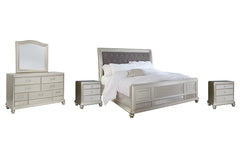 Coralayne King Upholstered Sleigh Bed with Mirrored Dresser and 2 Nightstands - PKG007849