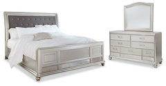 Coralayne King Upholstered Sleigh Bed with Mirrored Dresser - PKG007848