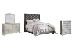 Coralayne Queen Upholstered Bed with Mirrored Dresser and Chest - PKG007774