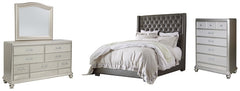 Coralayne King Upholstered Bed with Mirrored Dresser and Chest - PKG007785
