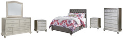 Coralayne Full Upholstered Bed with Mirrored Dresser, Chest and 2 Nightstands - PKG007810