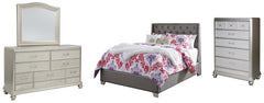 Coralayne Full Upholstered Bed with Mirrored Dresser and Chest - PKG007807