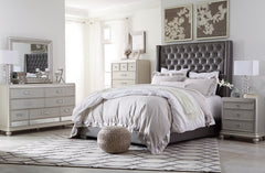 Coralayne Full Upholstered Bed with Mirrored Dresser, Chest and Nightstand - PKG007803
