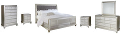 Coralayne California King Upholstered Sleigh Bed with Mirrored Dresser, Chest and 2 Nightstands - PKG007858