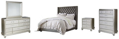 Coralayne California King Upholstered Bed with Mirrored Dresser, Chest and Nightstand - PKG007825