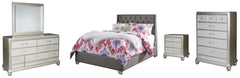 Coralayne Full Upholstered Bed with Mirrored Dresser, Chest and Nightstand - PKG007803