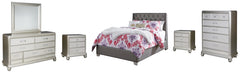 Coralayne Full Upholstered Bed with Mirrored Dresser, Chest and 2 Nightstands - PKG007804