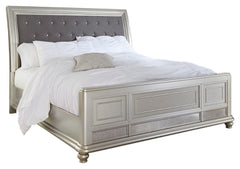 Coralayne California King Upholstered Sleigh Bed with Mirrored Dresser and 2 Nightstands - PKG007855