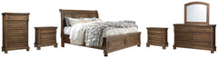 Flynnter Queen Sleigh Bed with 2 Storage Drawers with Mirrored Dresser, Chest and 2 Nightstands