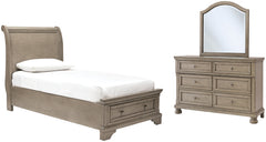 Lettner Twin Sleigh Bed with Mirrored Dresser
