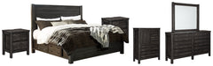 Baylow Queen Panel Bed with 4 Storage Drawers with Mirrored Dresser, Chest and 2 Nightstands