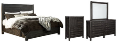 Baylow Queen Panel Bed with 4 Storage Drawers with Mirrored Dresser and Chest