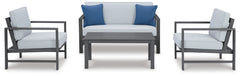 Fynnegan Outdoor Loveseat and 2 Chairs with Coffee Table