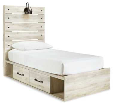 Cambeck Twin Panel Bed with 2 Storage Drawers with Mirrored Dresser, Chest and 2 Nightstands