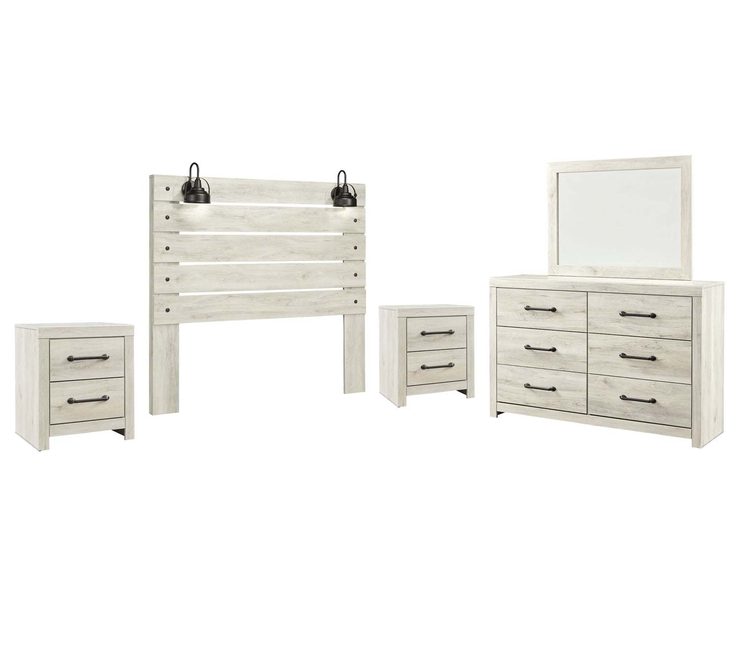 Cambeck Twin Panel Headboard Bed with Mirrored Dresser and 2 Nightstands