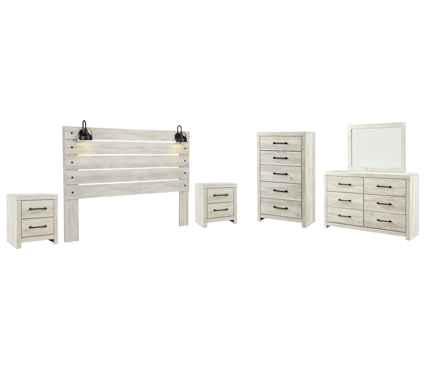 Cambeck Twin Panel Headboard Bed with Mirrored Dresser, Chest and 2 Nightstands