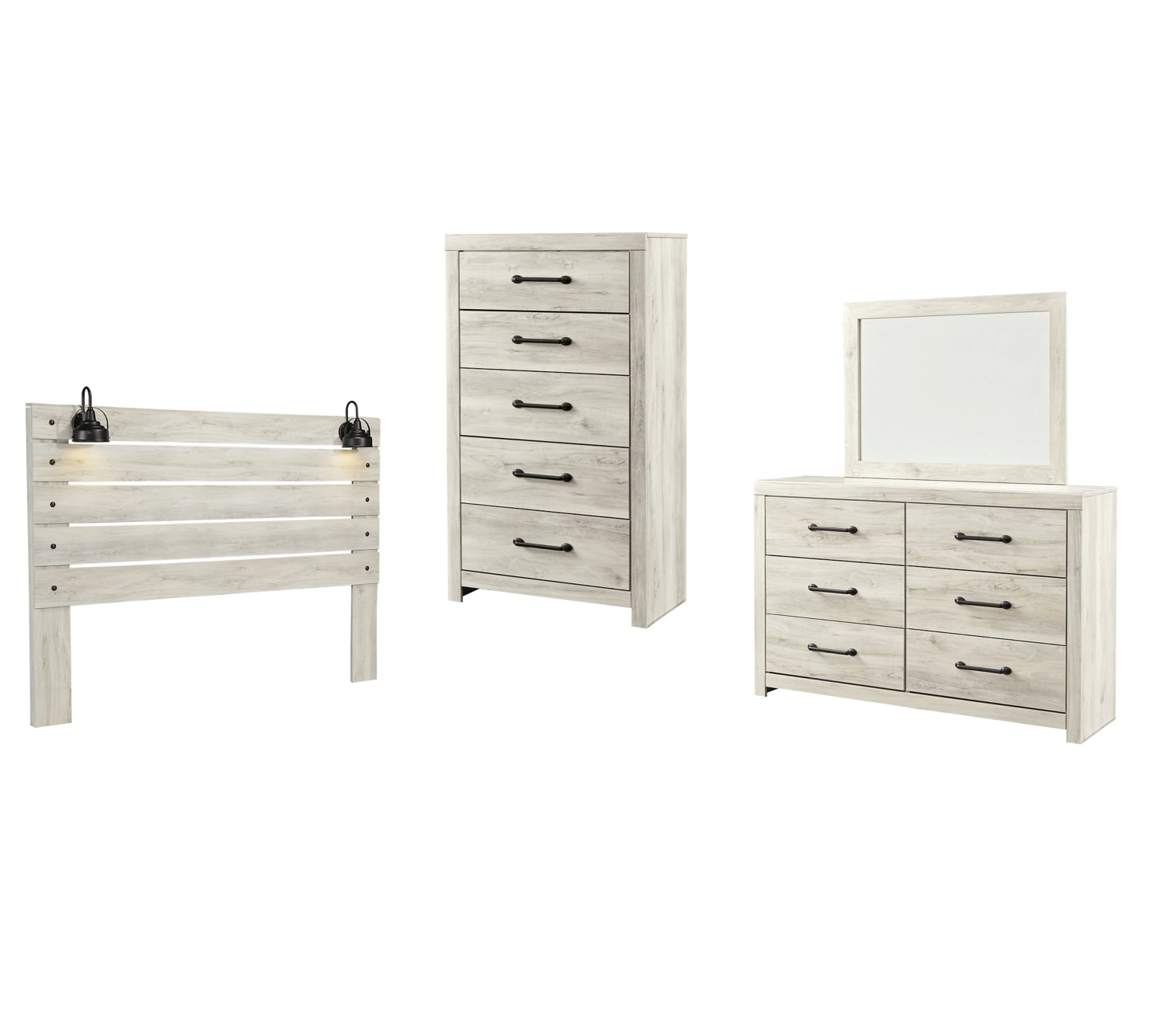 Cambeck Twin Panel Headboard Bed with Mirrored Dresser, Chest and Nightstand