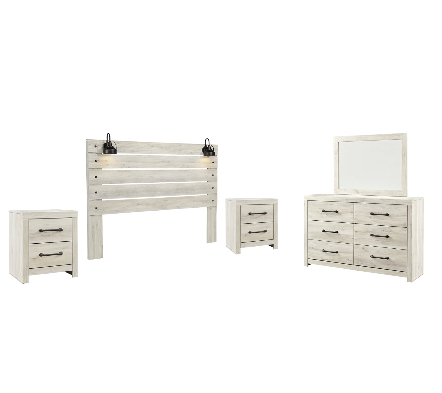 Cambeck Twin Panel Headboard Bed with Mirrored Dresser and 2 Nightstands