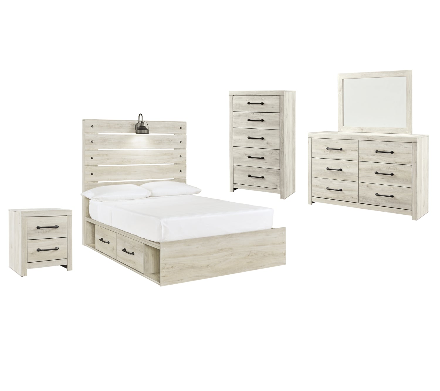 Cambeck Twin Panel Bed with 2 Storage Drawers with Mirrored Dresser, Chest and Nightstand