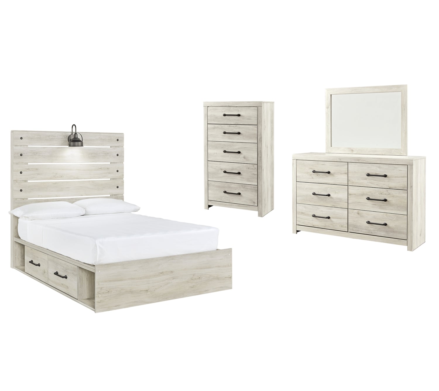Cambeck Twin Panel Bed with 2 Storage Drawers with Mirrored Dresser and Chest
