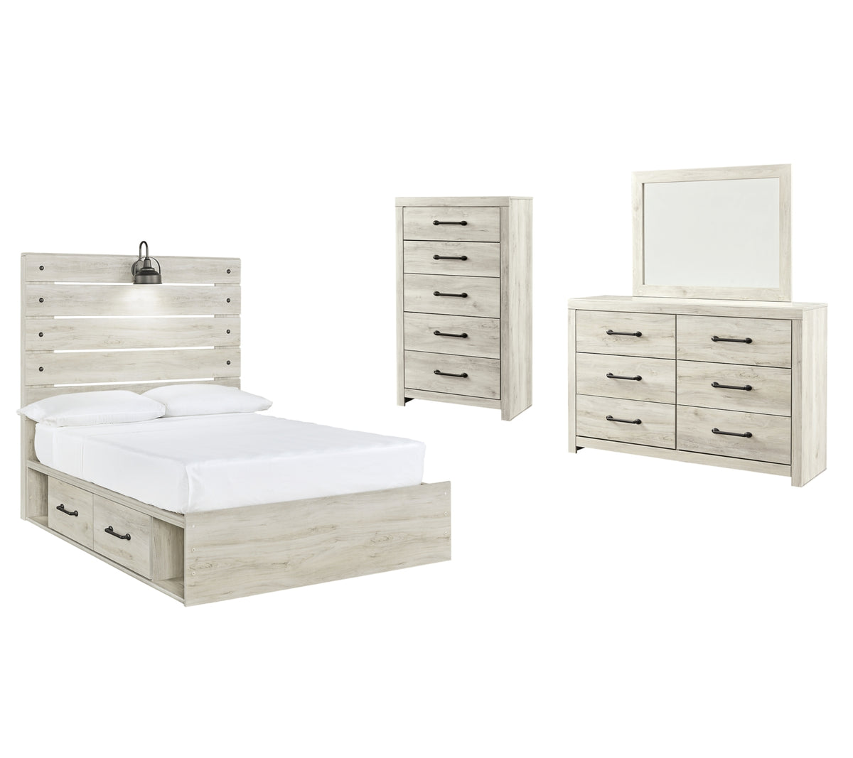 Cambeck Twin Panel Bed with 2 Storage Drawers with Mirrored Dresser and Chest