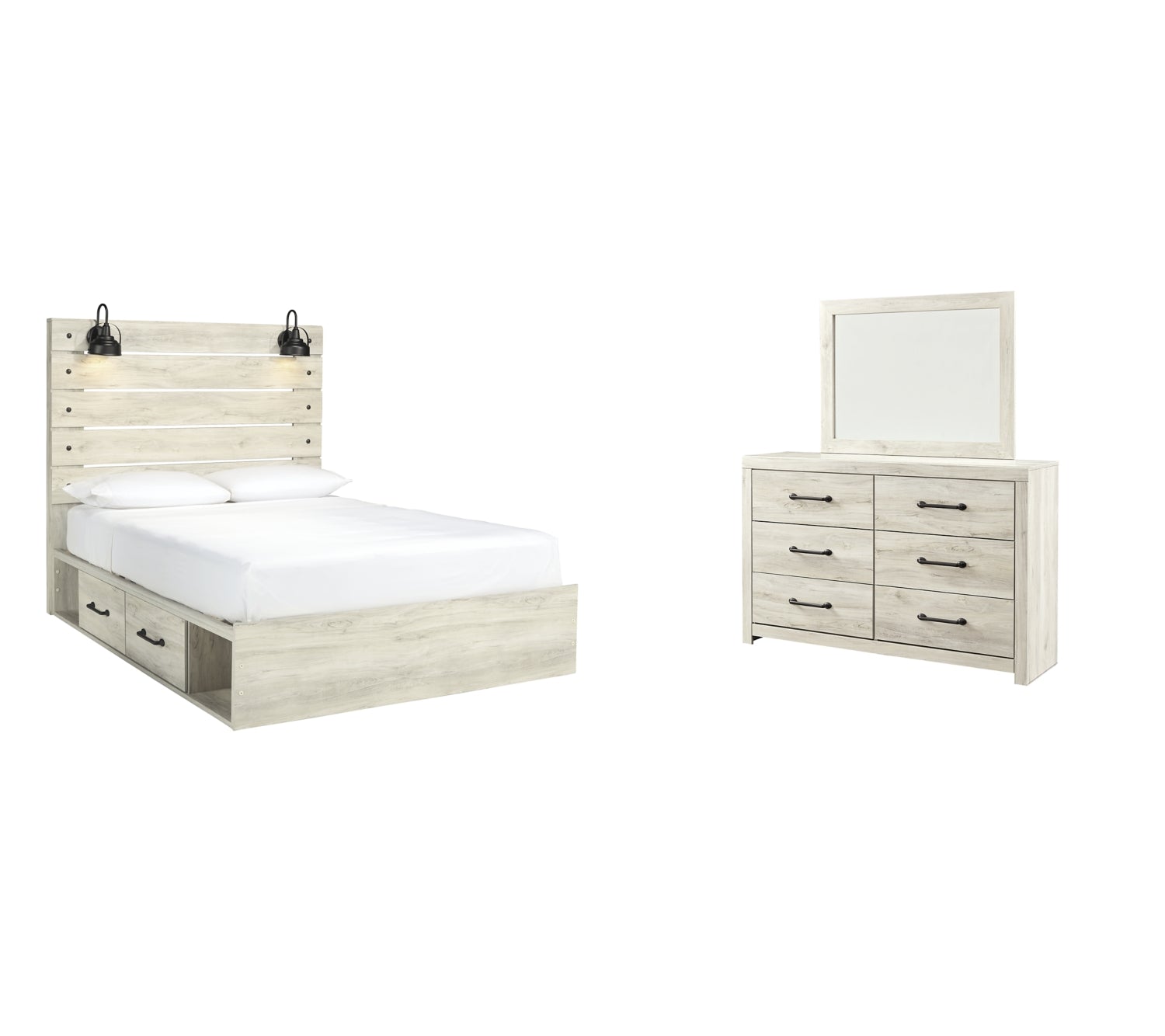 Cambeck Twin Panel Bed with 2 Storage Drawers with Mirrored Dresser