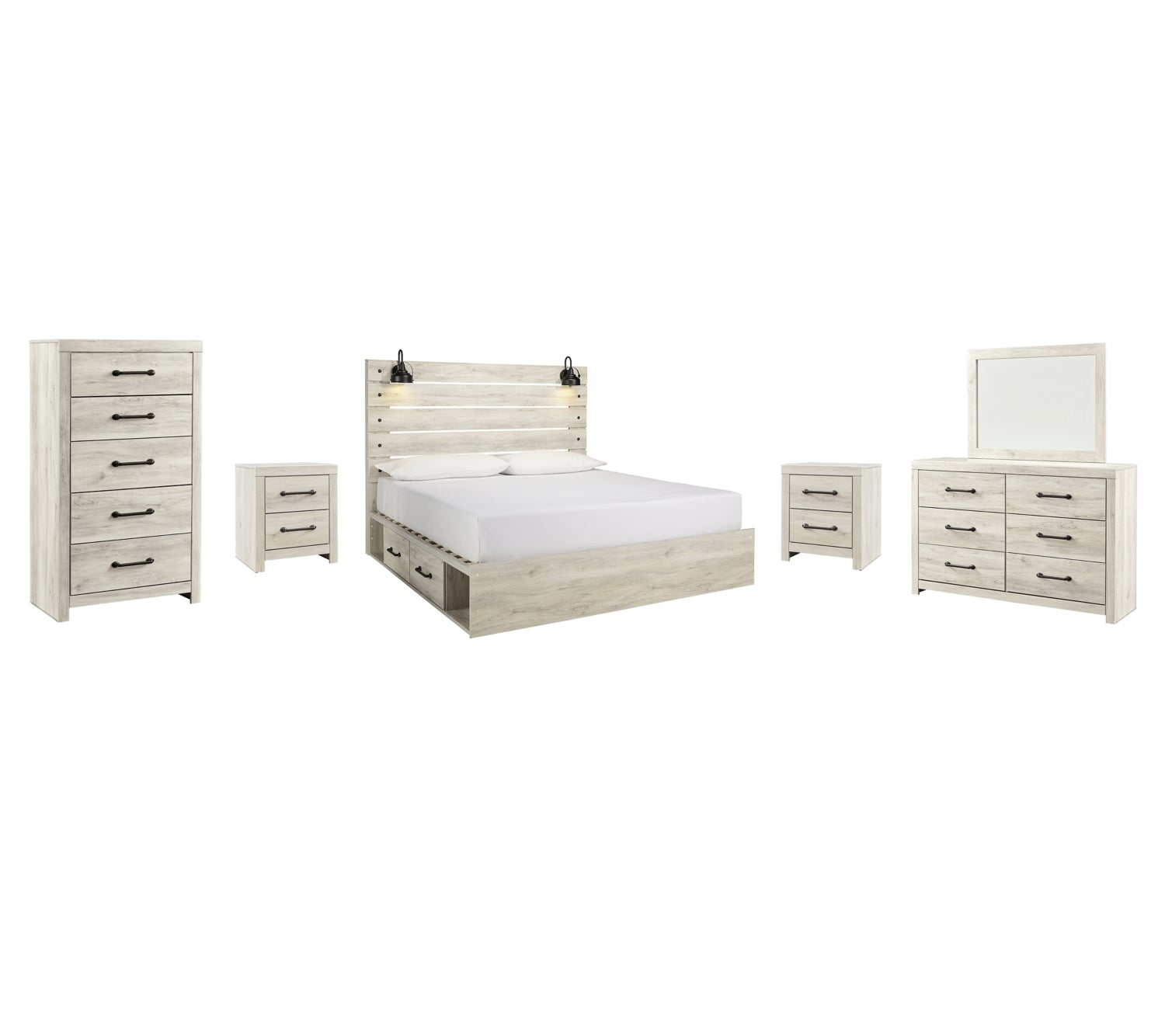 Cambeck Twin Panel Bed with 2 Storage Drawers with Mirrored Dresser, Chest and 2 Nightstands