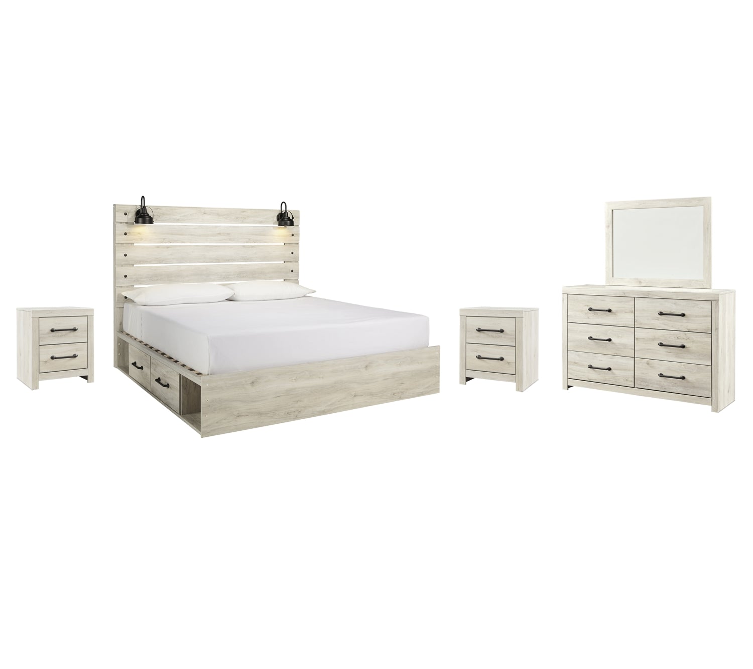Cambeck Twin Panel Bed with 2 Storage Drawers with Mirrored Dresser and 2 Nightstands