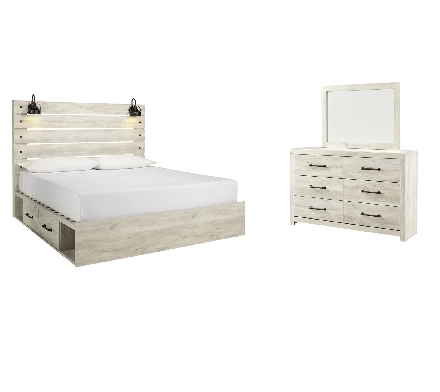 Cambeck Twin Panel Bed with 2 Storage Drawers with Mirrored Dresser